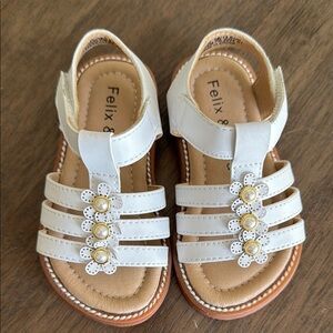 White and Tan Floral Beaded Sandals